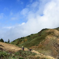 日本百名山・巻機山の稜線を歩く登山者たちの写真
