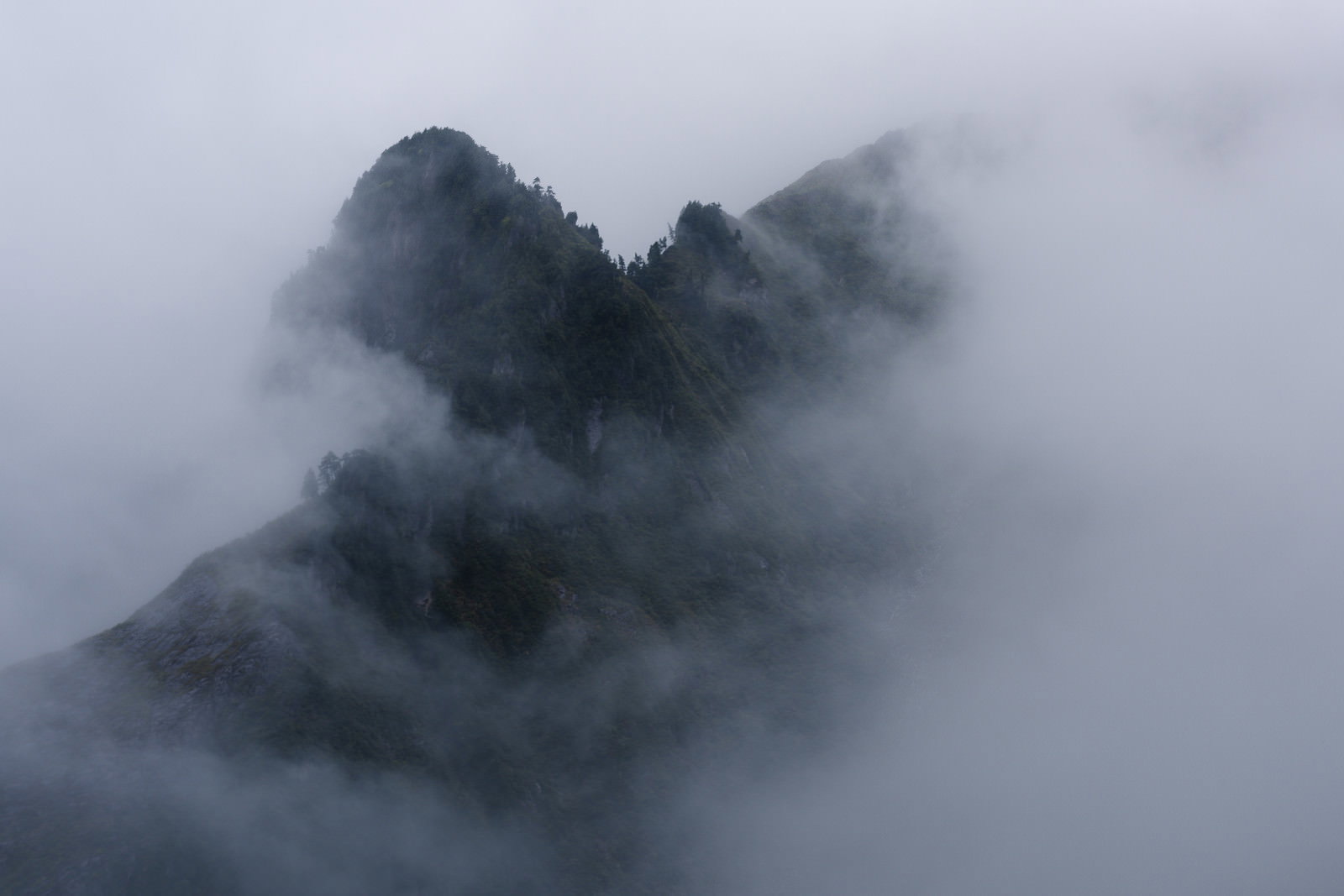 霧に包まれた巻機山の天狗岩、濃いガスの中に岩峰が浮かぶ幻想的な山岳風景