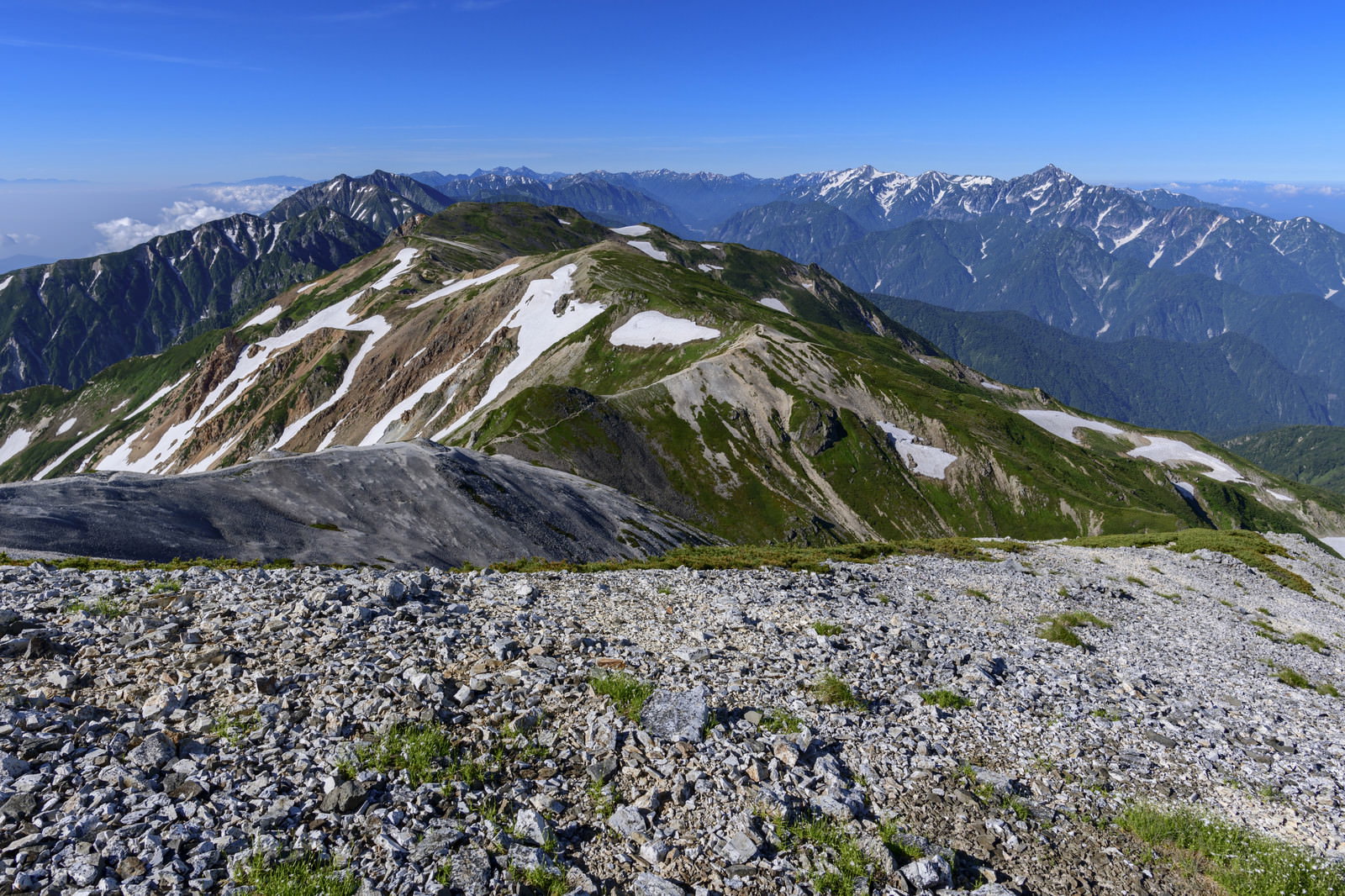 白馬岳から見た唐松岳と北アルプスの山並み、残雪と青空