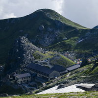 白馬岳の広大なテント場に設営された登山者のテントの写真