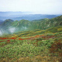 時折ガスが迫る月山の山肌、日本百名山の雄大な景観の写真