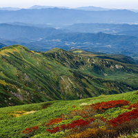 月山へ続く緑の稜線と麓に広がる街の遠景、登山道の風景の写真