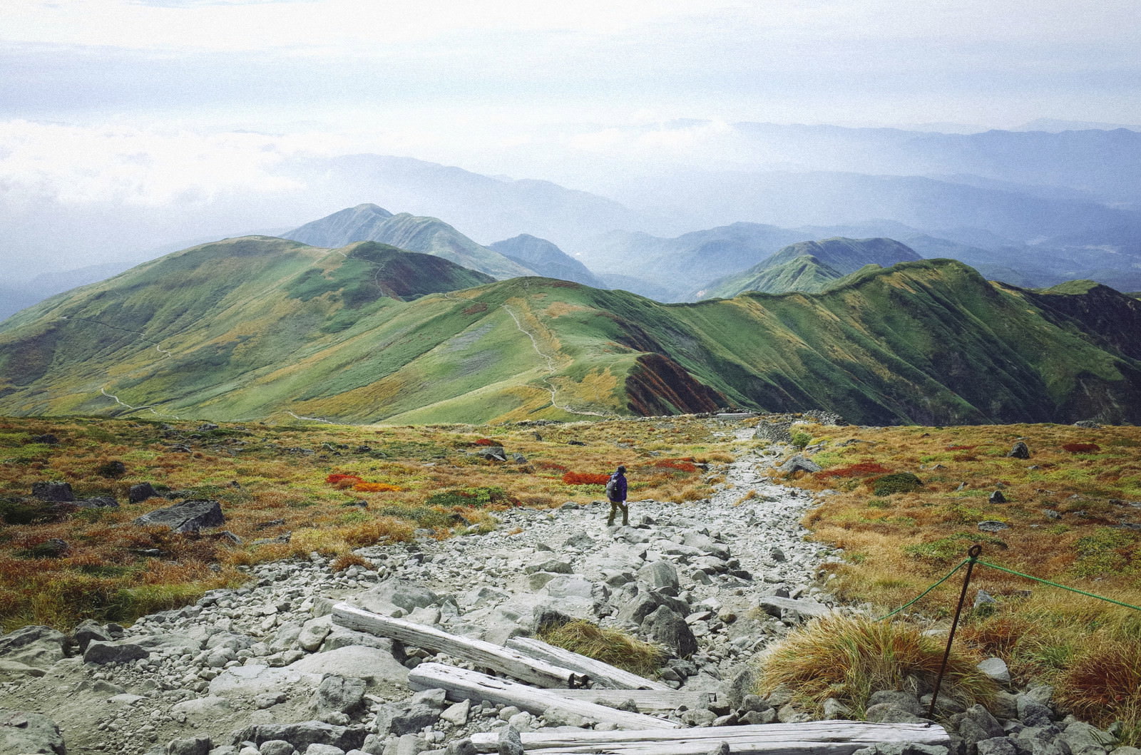 月山の木道を歩いて下山する登山者と緑の山々の風景