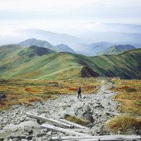 日本百名山・月山の木道を下山する登山者たちの写真