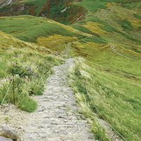 日本百名山・月山の良く整備された登山道と草原の景観の写真