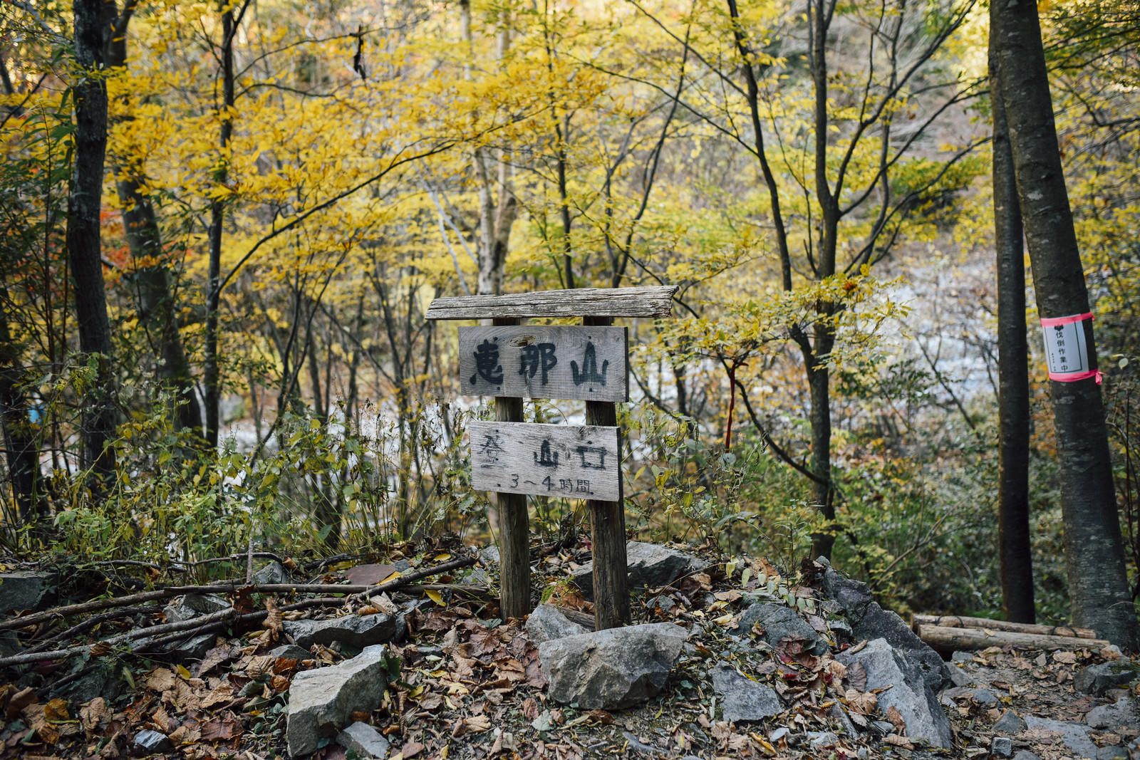 恵那山登山口の木製指導標と黄葉