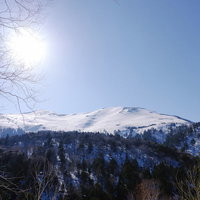 午後の日差しに照らされる雪を纏う至仏山（しぶつさん）の写真