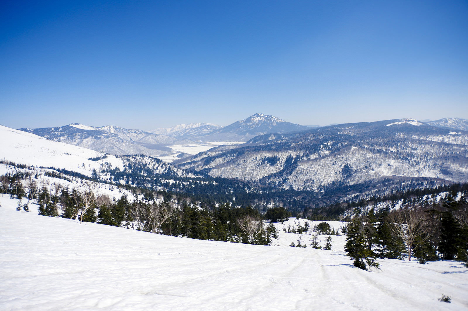 青空の下、雪化粧した燧ヶ岳を背景に広がる至仏山の雪景色
