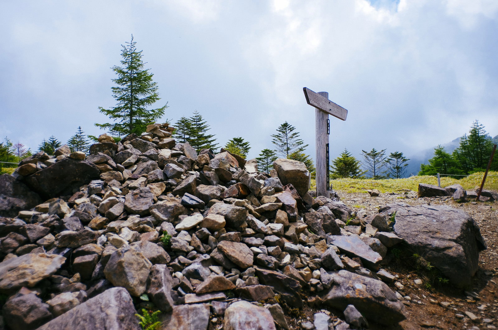 大菩薩峠で石が積み上げられた登山道と標識、針葉樹が見える山の風景
