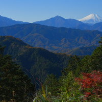 高尾山から眺める富士山と秋の山々の絶景の写真