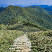 平標山の登山道の階段から見る山小屋の写真