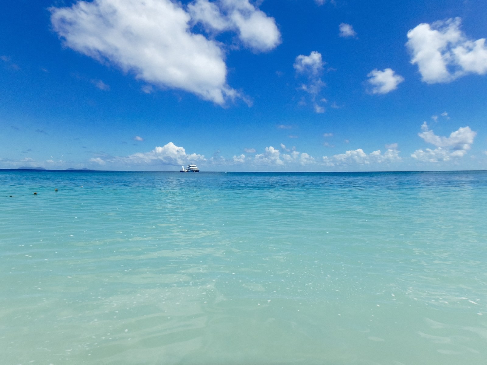 透明度の高い青い海に白いクルーザーが浮かび青空が広がる
