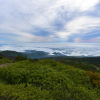 雲の合間に広がる登山道と雲海の景色（蔵王）の写真