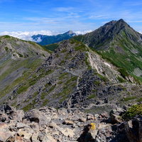 南アルプスの稜線と富士山の遠望の写真