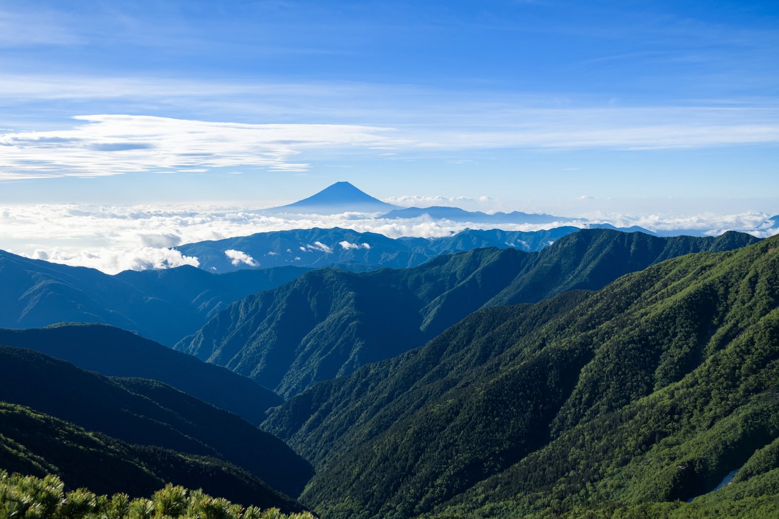 南アルプスの山々から見た富士山の遠景、青空と雲海が広がる山岳風景
