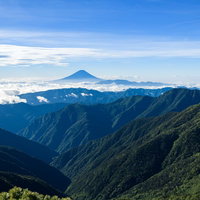 南アルプスの深い森越しに望む富士山の遠景の写真