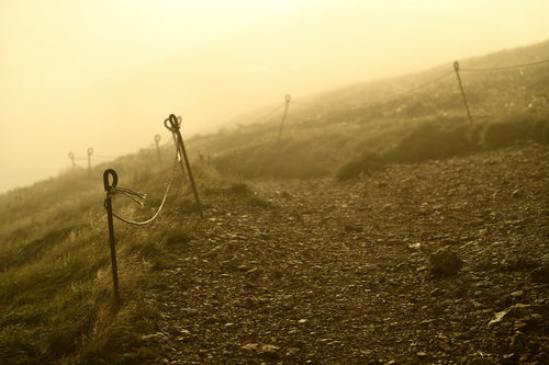 霧が立ち込める夕暮れの山道を進む登山者たち