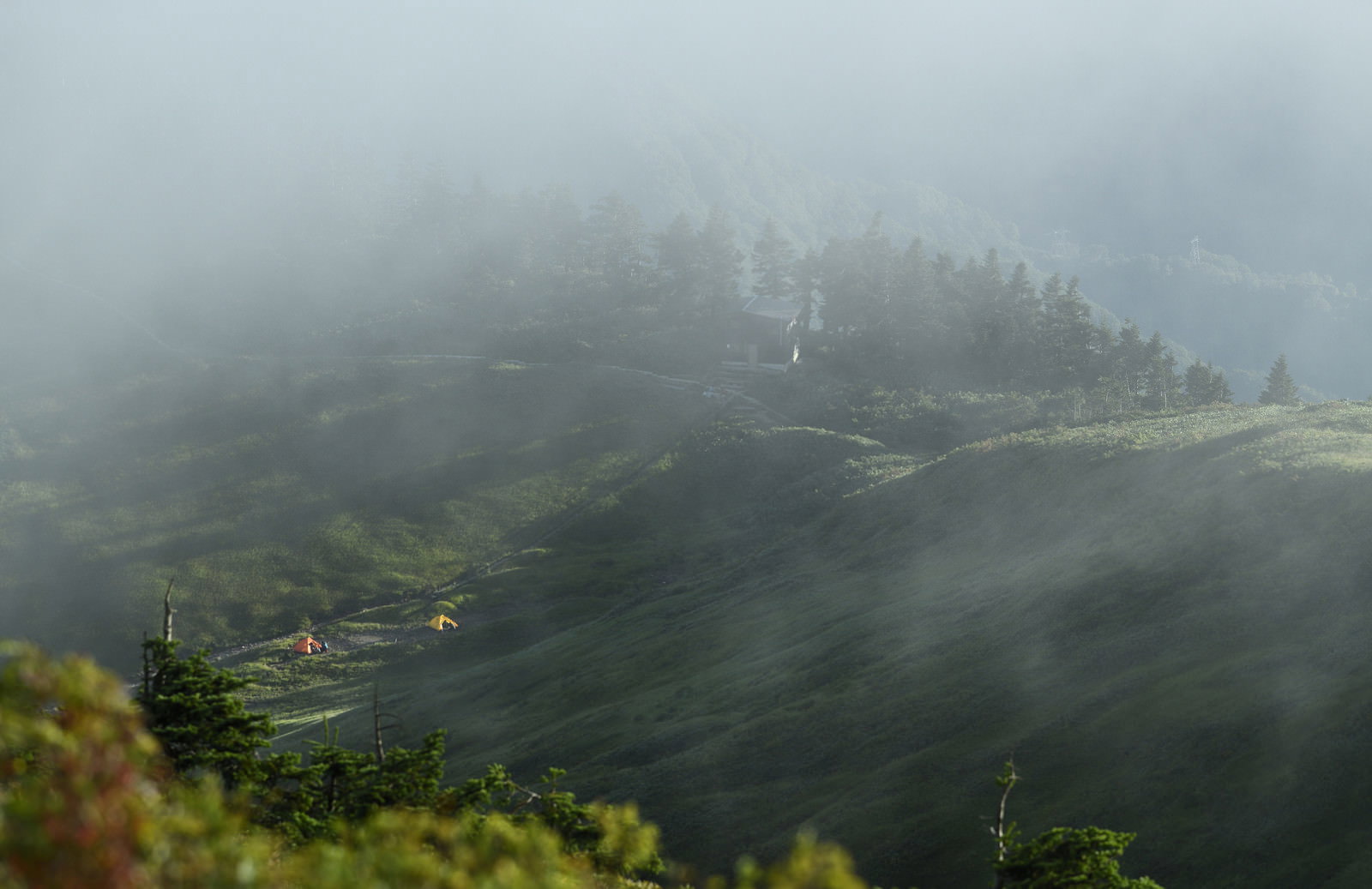深い霧と朝靄に包まれた巻機山避難小屋の山岳風景