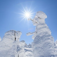 巨大なスノーモンスターと太陽の光芒が輝く雪山の写真