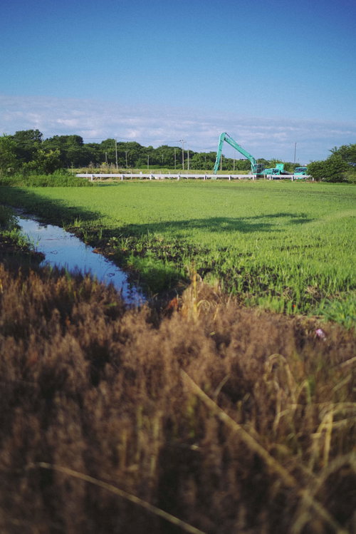 河川沿いの田んぼで工事中のショベルカーと放置された畑
