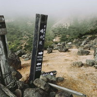 安達太良山の峰の辻に立つ複数の木製指導標の写真