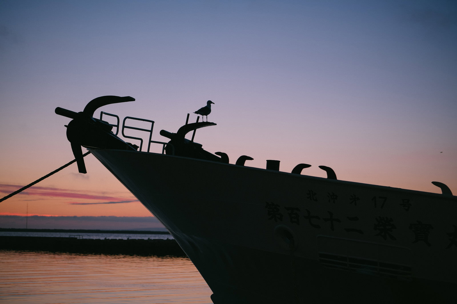 夕焼け空を背景に漁船の船首にとまるカモメのシルエット