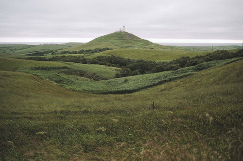 複雑に重なる緑の丘が広がる宗谷丘陵の雄大な風景
