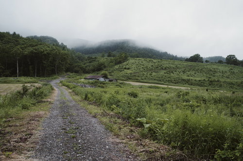 開拓地の砂利道に捨てられた廃墟と草むら、奥に山々を望む