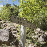 瑞牆山への登山道に立つ白い指導標と岩場の風景の写真