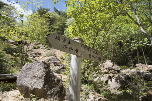 瑞牆山への登山道に立つ白い指導標と岩場の風景