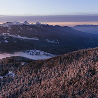 紫の光に包まれる冬の八ヶ岳・赤岳の雪化粧の写真
