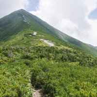 爺ヶ岳から鹿島槍ヶ岳へと続く稜線を歩く登山道の景観の写真