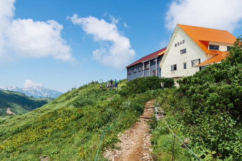 盛夏の鹿島槍ヶ岳登山道と種池山荘の風景