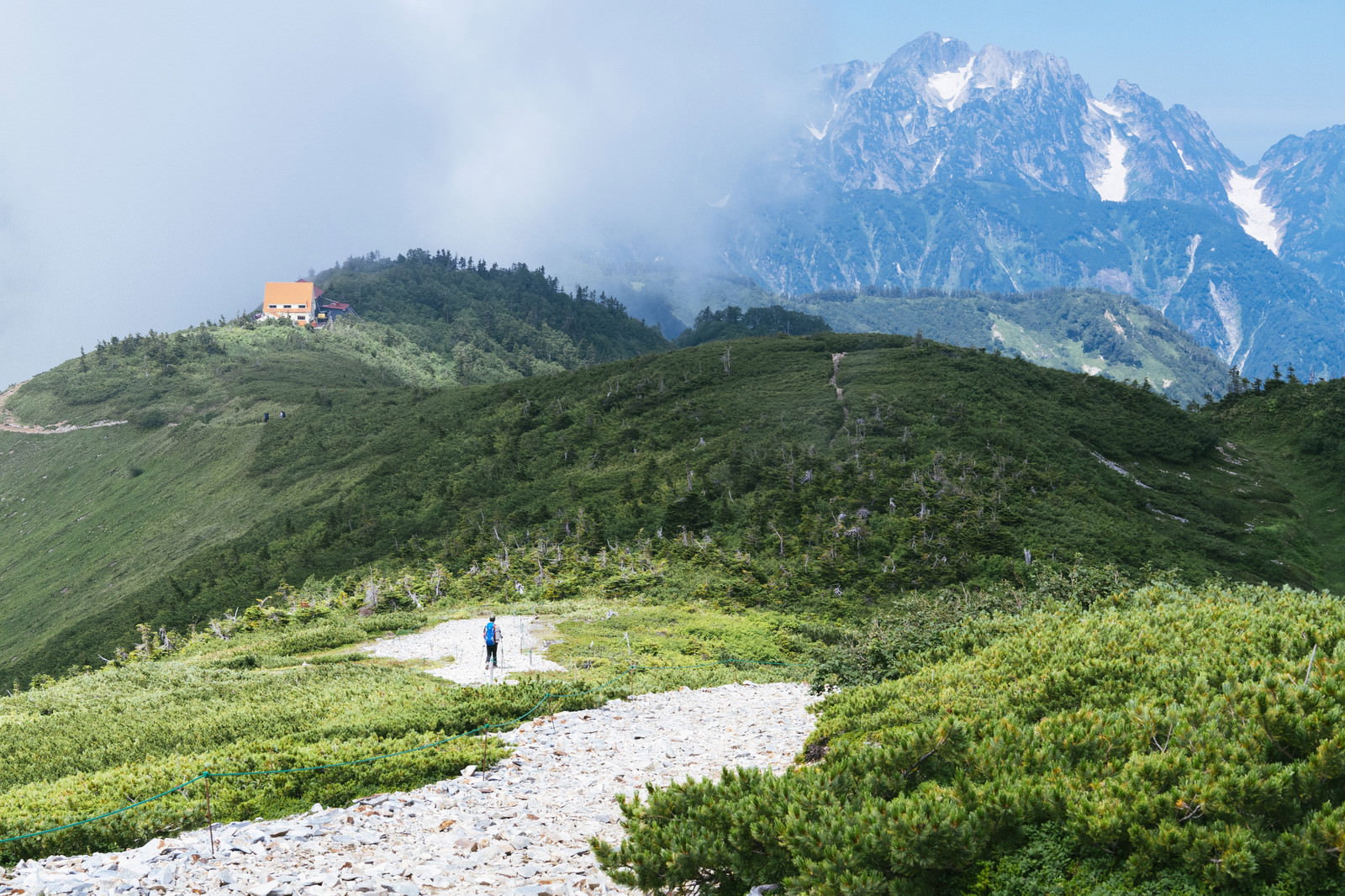 種池山荘へ向かう登山道を歩く登山者と背景に見える剱岳の山景