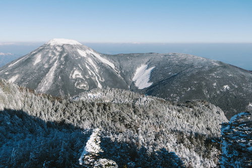 北横岳から見る冬の蓼科山の雪化粧と周辺山々