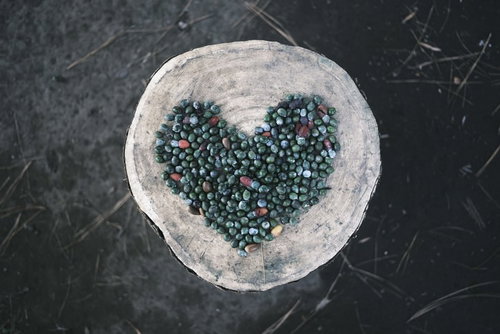 白い容器に木の実で作ったハートマーク
