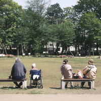 公園のベンチで新緑をめでながら休憩する人々の写真