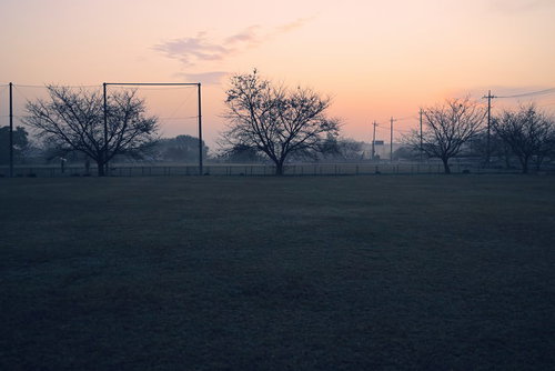 朝焼けが映る明け方の河川敷広場の風景