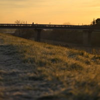 朝焼けの橋の上から眺める人のシルエットの写真