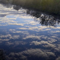 川霧の中で水鏡に映る千切れ雲の風景の写真