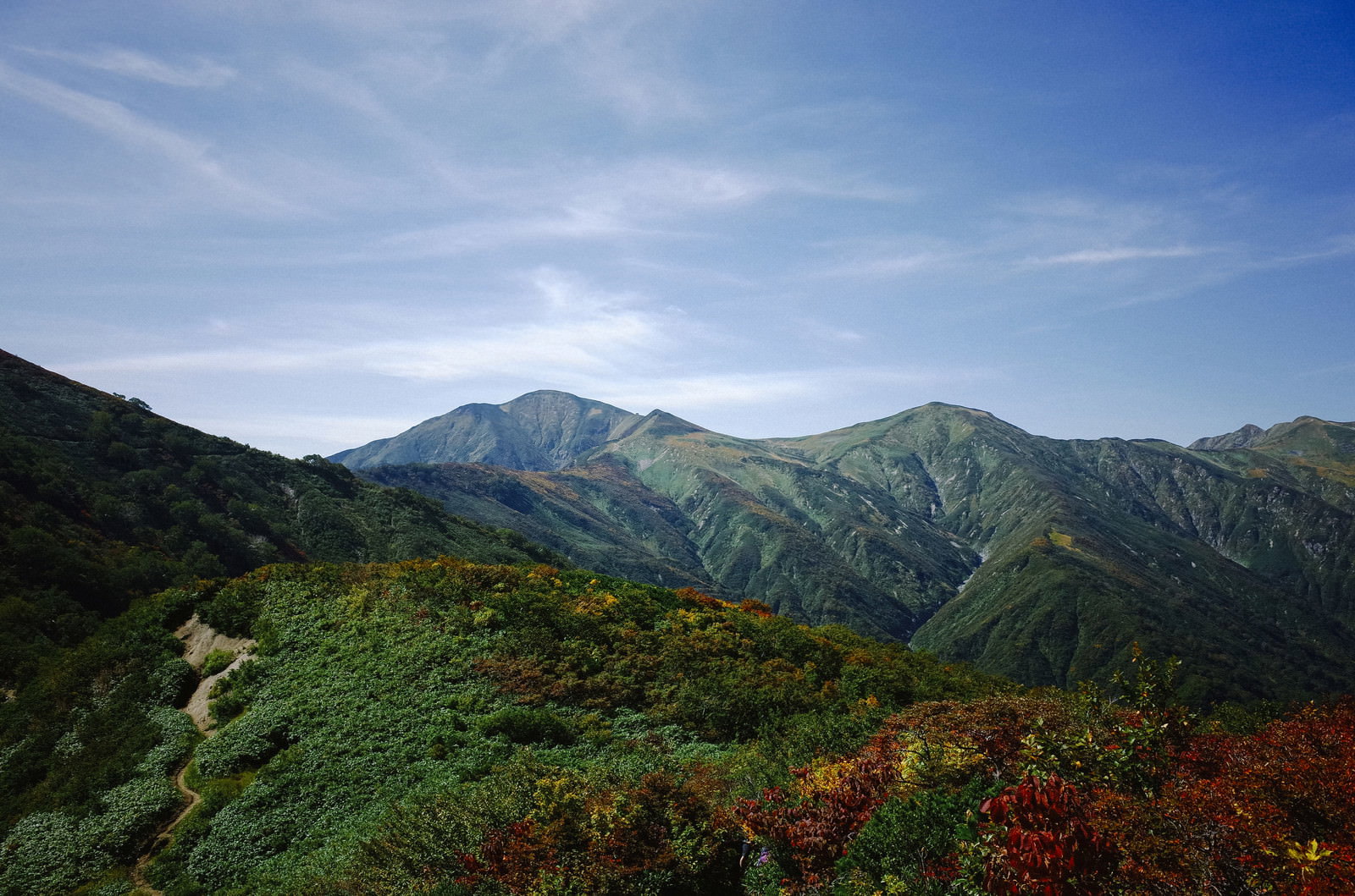 古寺山から撮影した大朝日岳の稜線と青空に浮かぶ白い雲