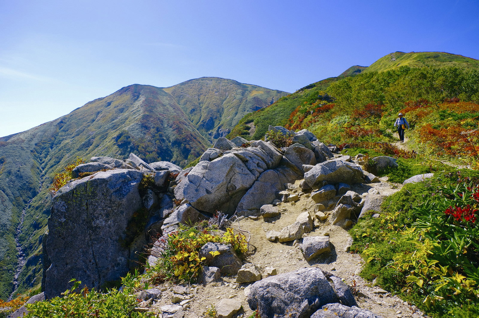 青空の下、大朝日岳の岩場を歩く登山者と山稜の風景