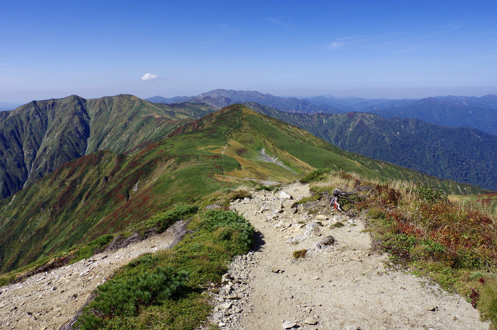 大朝日岳山頂付近の登山道と青空、周囲の山々の風景
