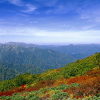 秋の朝日連峰、黄葉に染まる大朝日岳の山肌と山々の写真