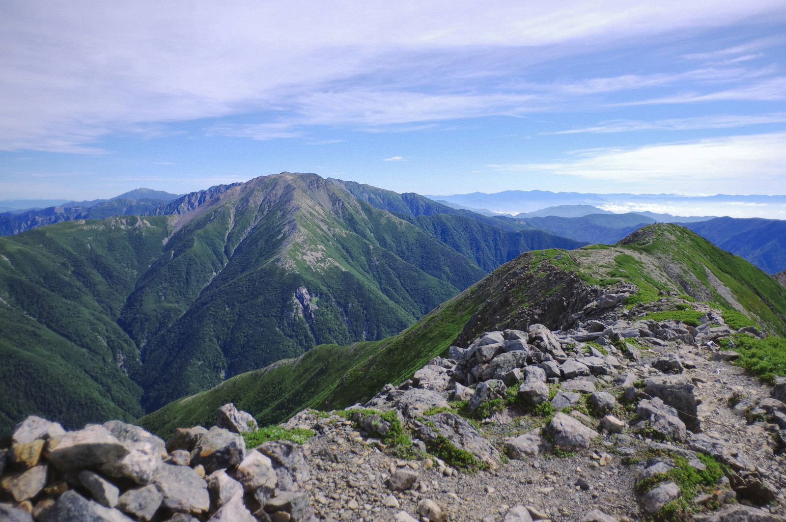 緑の山稜線に続く登山道と遠くに見える赤石岳の風景