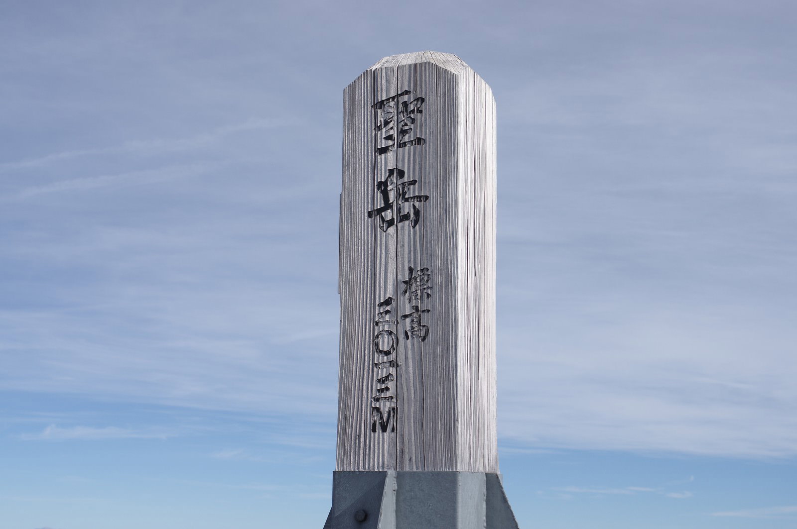 青空を背景に立つ聖岳山頂の白い石碑