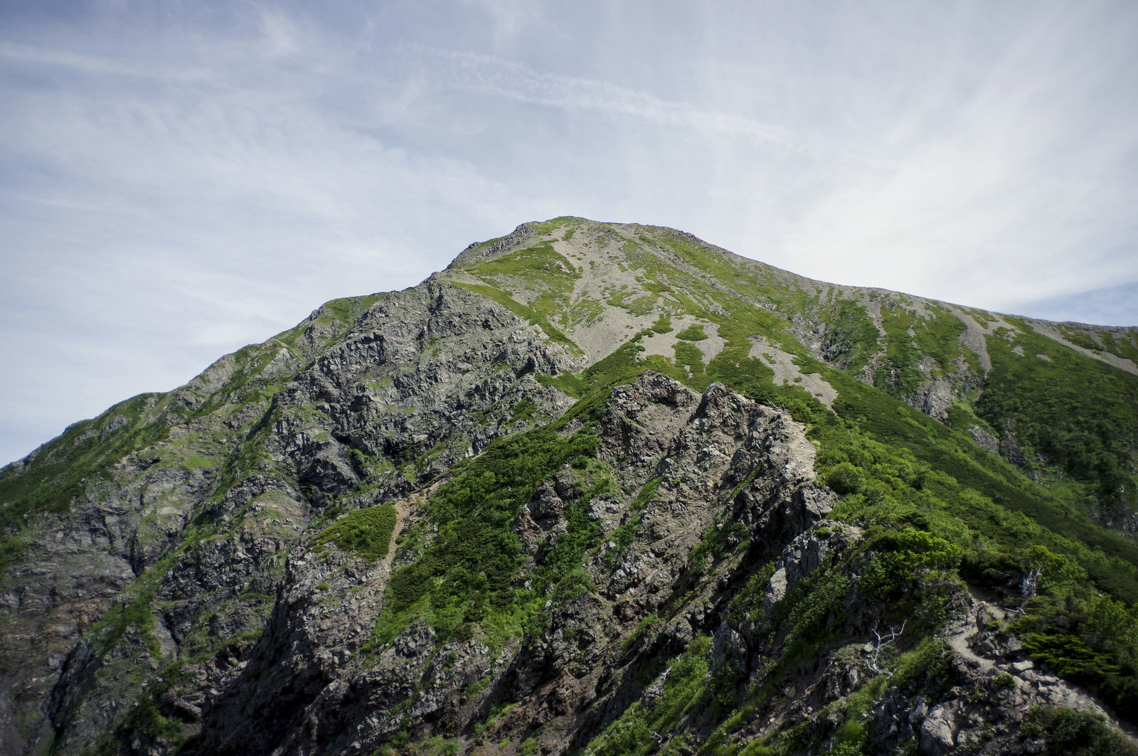 青空の下に聳える聖岳の山頂、緑と岩肌の稜線が三角形を形成