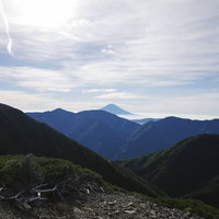 聖岳登山道から眺める富士山と緑の山稜の風景の写真