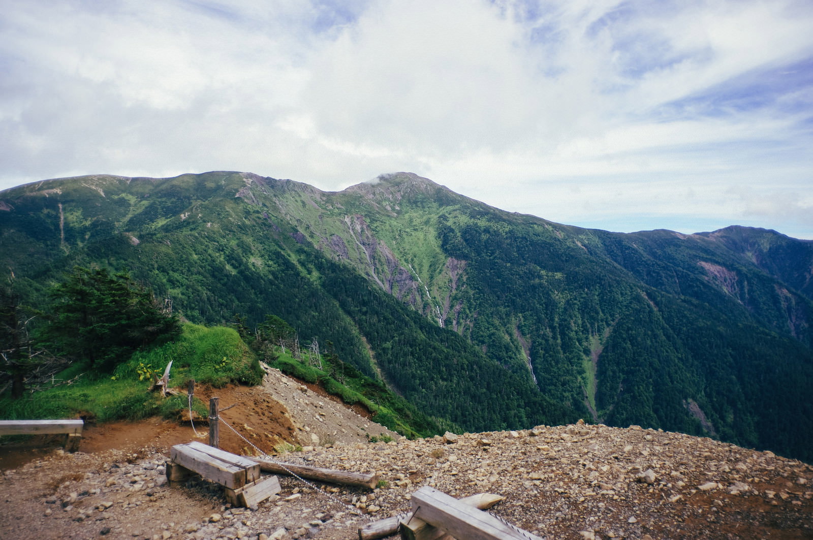 聖平の展望台から眺める上河内岳と聖岳の山岳風景、青空と緑の山並み