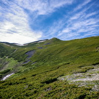 ハイマツ帯が広がる常念岳の登山道と表銀座の稜線の写真